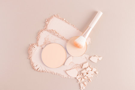 Three gorgeous strokes and a round block of compact powder in a natural tone on a beige background, a makeup brush, pieces of broken powder. top view.の写真素材
