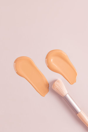 Two cosmetic strokes of natural tone liquid foundation powder on a beige vertical background with a...