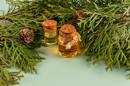 Two glass bottles with a cork cap with natural coniferous oil among the green branches of thuja. The concept of natural, organic care at homeの写真素材