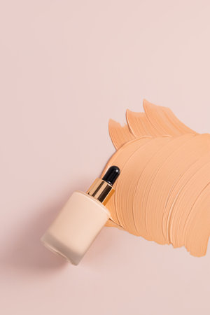 Cosmetic bottle with dropper with natural foundation powder on a sample texture of liquid smeared powder in beige tone. vertical top view. copy space.の写真素材