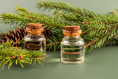 Two glass bottles with a cork with natural oil against the background of a green spruce branch with a cone. Front view. An alternative to medicineの写真素材