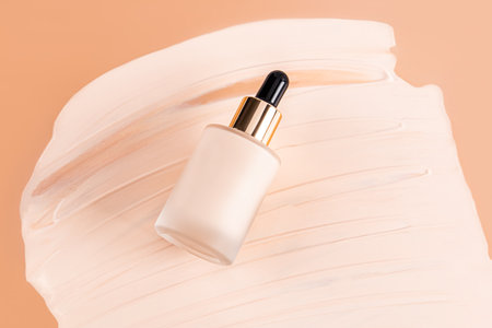 A cosmetic glass bottle with a dropper with a natural tone liquid foundation rests on a chic sample of the texture of powder. top view. decorativeの写真素材