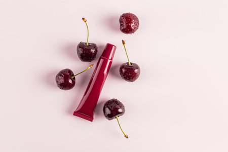 burgundy beauty tube with mask, balm, lip gloss on a pink background among spell cherries. top view. Blank packaging layout. product advertisingの写真素材