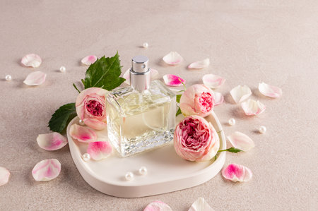A crystal bottle of women's perfume with the aroma of delicate roses stands on a white tray among the buds a roses, surrounded by petals of flowerの写真素材