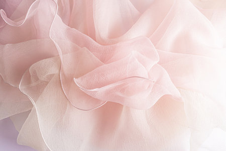 Chic pink chiffon fabric background for wedding, holiday layout. The texture of crumpled elegant pink transparent silkの写真素材