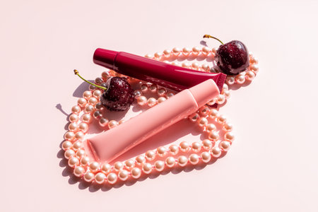Two tubes with a cosmetic product for lip skin care, balm, mask lie on chic pearl beads with ripe cherries. Natural Care Empty Packaging Layoutの写真素材