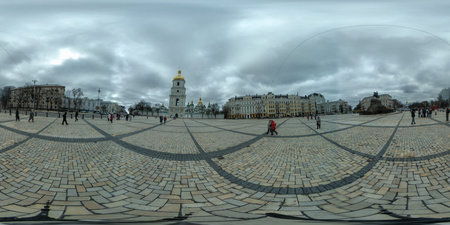 Panoramic 360. Streets and sights of Kiev. Early spring. Noon.