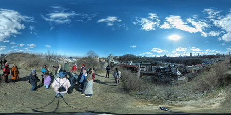 Panoramic 360 degree. Streets and sights of Kiev. Noon. Early spring.