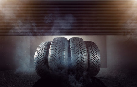 Car tires in a garageの写真素材