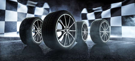 Car tires are on a streetの写真素材