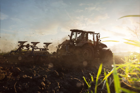 Tractor plowing field at sunset. Agricultural machinery preparing land for planting.