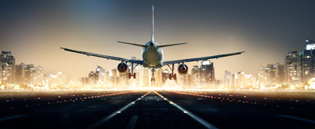 Airplane on the runway at night with cityscape background. 3d renderingの写真素材