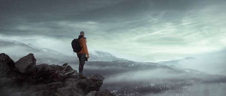 Hiker enjoys his freedomの写真素材