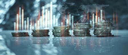 Double exposure of coin stack with financial graph and world map background. Business and finance concept.の写真素材