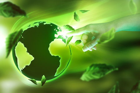 Ecology concept with green planet earth and human hand. Elements of this image furnished by NASAの写真素材