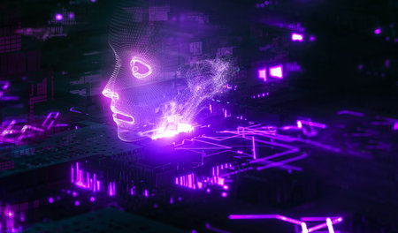 Abstract 3d rendering of human face with glowing neon lights. Futuristic background.の写真素材