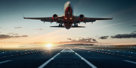 Airplane in the airport runway at sunset. 3d rendering.の写真素材