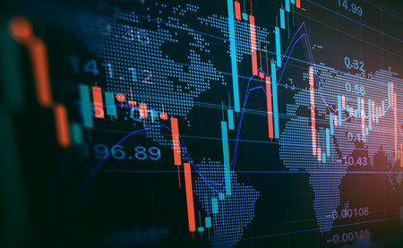Stock market or forex trading graph and candlestick chart suitable for financial investment concept. Economy trends background for business idea and all art work design. Abstract finance background.の写真素材