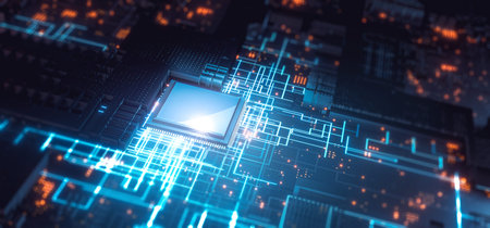 <p>Circuit board with glowing lights. Technology and innovation concept. 3D rendering</p>
