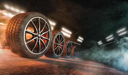 Car tires on the road with smoke and lights. 3D renderingの写真素材
