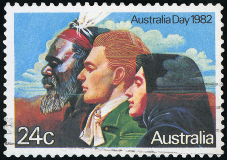 AUSTRALIA - CIRCA 1982:A Cancelled postage stamp from Australia illustrating Australia Day, issued in 1982.のeditorial素材