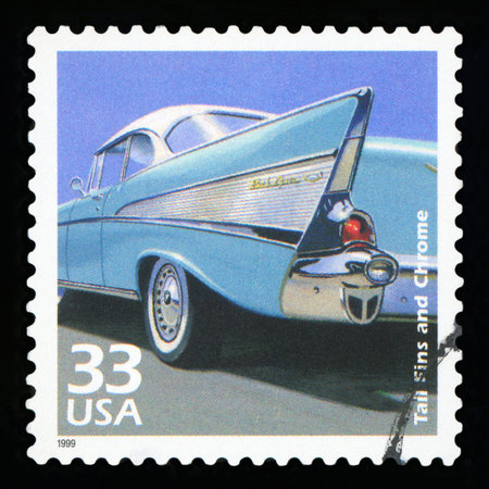 UNITED STATES OF AMERICA - CIRCA 1999: Stamp printed in USA , shows Tail Fins and chrome ,...