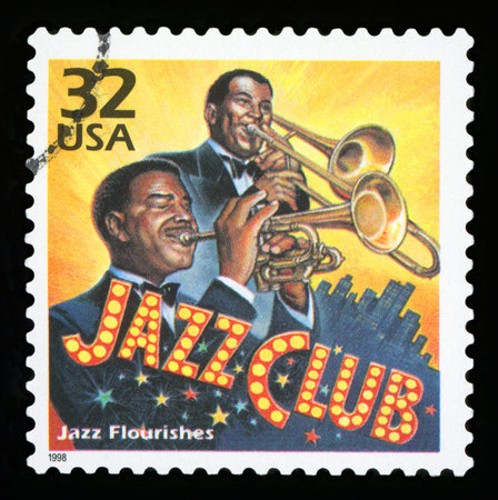 UNITED STATES - CIRCA 1998: a postage stamp printed in USA showing an image of jazz musicians playing in a club, circa 1998.のeditorial素材