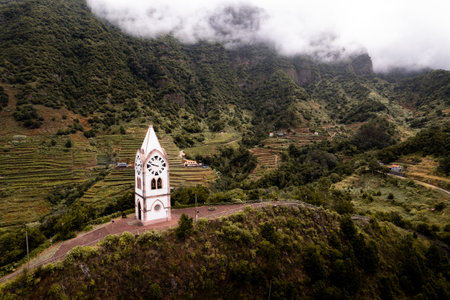 Tower Church in Madeira. View from the drone. Capelinha de Nossa Senhora de Fatima.の写真素材