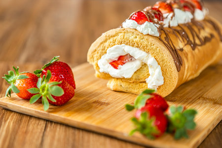 Biscuit roulade with mascarpone cream, strawberries and chocolate, laid out on a wooden board.