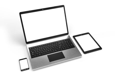 3d illustration of notebook, tablet and phone. Isolated on white. 3D render.の写真素材