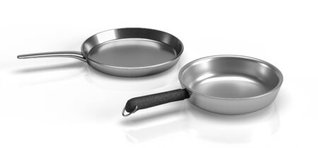 A set of two steel pans, one with a plastic handle and a metal ring. Isolated on a white with reflection. 3D render.の写真素材