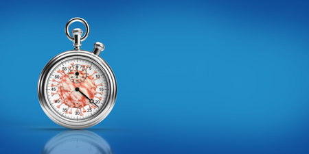 Stop the coronavirus. Chrome stopwatch with graphics of coronavirus bacteria, placed on a blue gradient background with space for inscriptions. 3d illustration.の写真素材