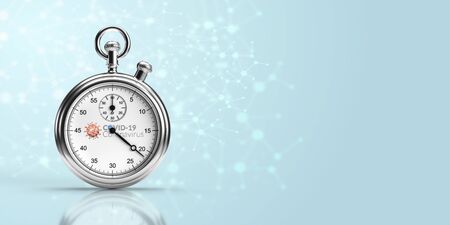 Stop the coronavirus. Chrome stopwatch with graphics of coronavirus bacteria and inscription, placed on a bright abstract background with space for inscriptions. 3d illustration.の写真素材