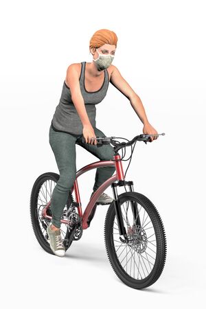 A woman wearing a protective mask is riding a bicycle. Isolated on white. 3d illustration.の写真素材
