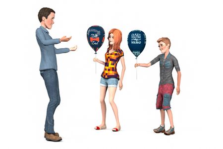 Father's day. Children make wishes to dad. In their hands they hold balloons with wishes. Isolated on white. 3d illustration.の写真素材