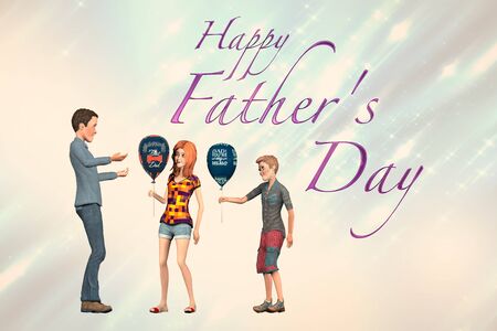 Father's day. Children wish daddy. In their hands they hold balloons with wishes. In the background a decorative inscription HAPPY FATHER'S DAY. 3d illustration.の写真素材