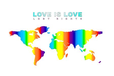 Illustration of world map in LGBT colors with inscriptions LOVE IS LOVE - LGBT RIGHTS isolated on white backgroundの写真素材