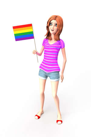 Young girl standing with lgbt rainbow flag in her right hand isolated on whitの写真素材