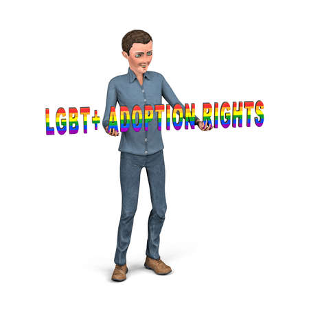 A standing man holds in his hands 3d inscription LGTB + ADOPTION RIGHTS - 3d illustrationの写真素材