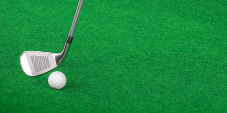 Golf club with ball lie on a green felt background with space for text - banner - 3d renderの写真素材
