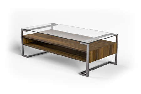 Coffee table with glass top, wooden shelf and metal legs isolated on white background - 3d renderの写真素材