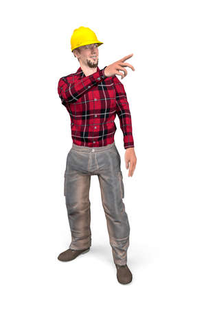 Smiling construction worker pointing his finger at some point - isolated on white background - 3d illustrationの写真素材