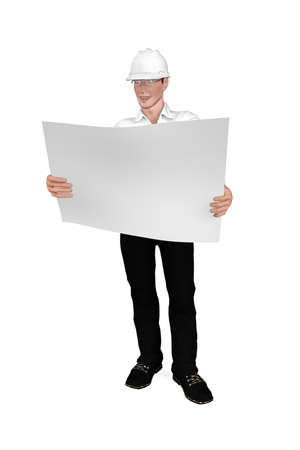 Satisfied engineer in glasses stands and reviews house construction plans - mockup - isolated on white background - 3d illustrationの写真素材