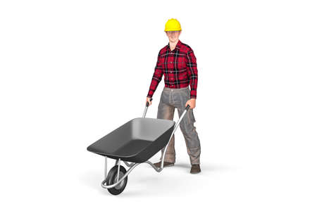 Smiling construction worker standing holding a wheelbarrow in hands - isolated on white background - 3d illustrationの写真素材