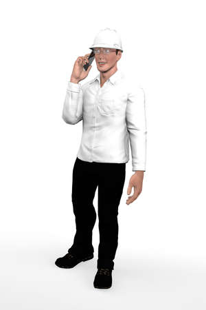 Engineer in white protective helmet stands and talking on a mobile phone - isolated on white - 3d illustrationの写真素材