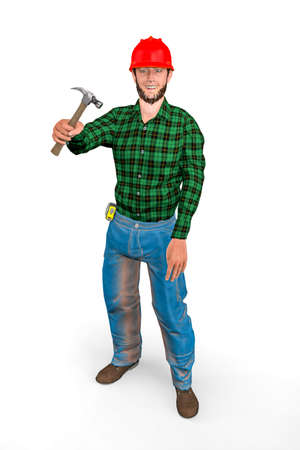 Smiling construction worker or carpenter in a red helmet stands and shows a carpenter's hammer and a tape measure is attached to his belt - isolated on white background - 3D Illustrationの写真素材