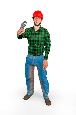Smiling construction worker in red hard hat stands and shows pipe wrench - plumber with pipe wrench - isolated on white background - 3D Illustrationの写真素材