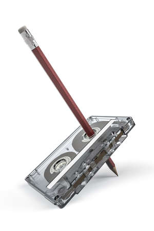 Cassette tape with a pencil put through a reel - a method of manual tape rewinding - 3d renderの写真素材