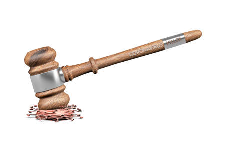 Wooden Hammer Crushing Coronavirus Bacteria - On the handle inscription Coronavirus Killer - Concept Art - isolated on white background - 3d renderの写真素材