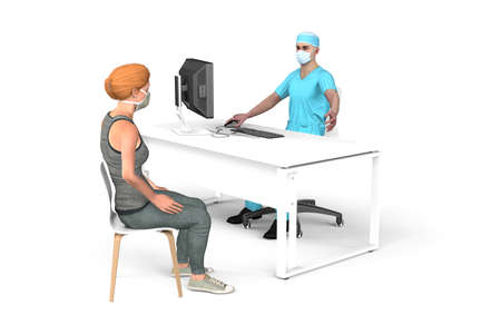 A surgeon doctor wearing a protective mask sits at a desk and in front of him sits a patient wearing a protective mask -isolated on white background - 3d illustrationの写真素材